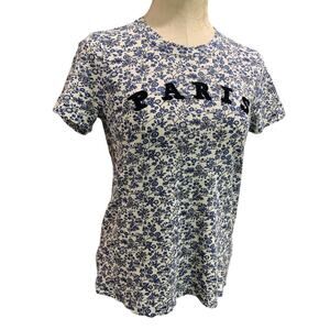 XS Loft Womens Tshirt Floral Embroidered Paris Blue
